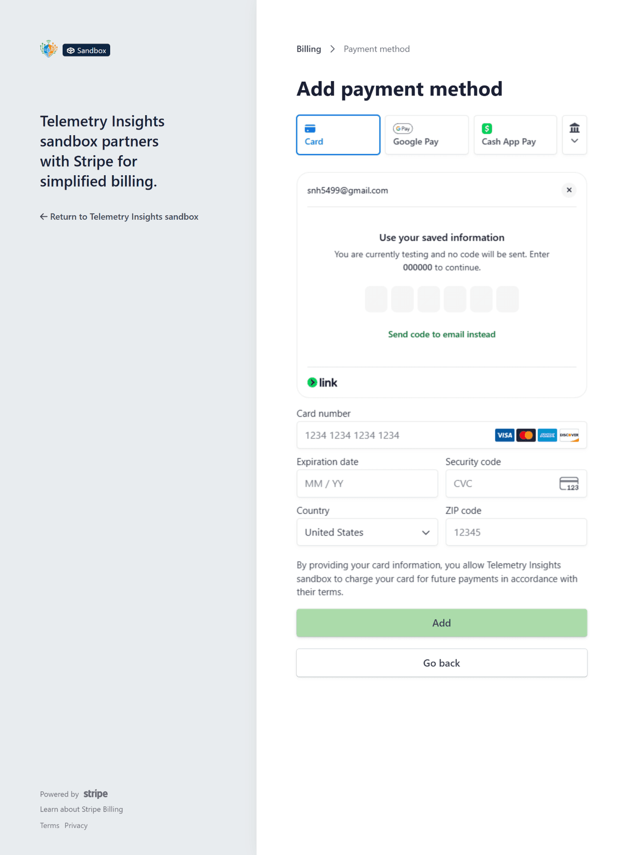 Stripe portal showing payment methods section with add card option
