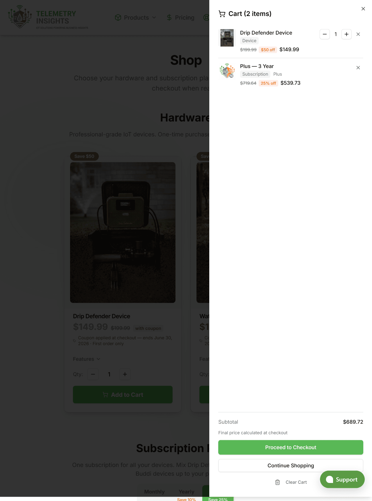 Shopping cart sidebar showing hardware and subscription items with checkout button