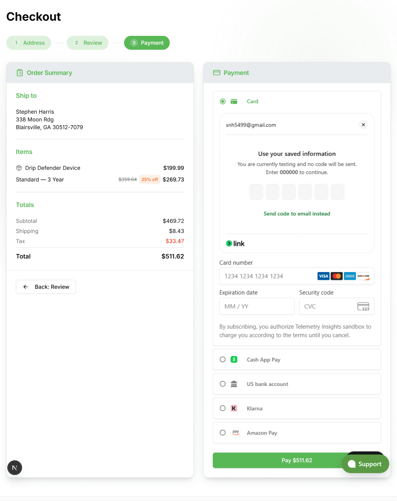 Payment step showing Stripe checkout form with card fields and order total on the right