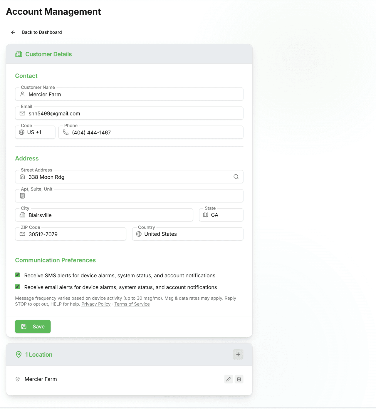 Customer settings form showing contact, address, and communication preference fields