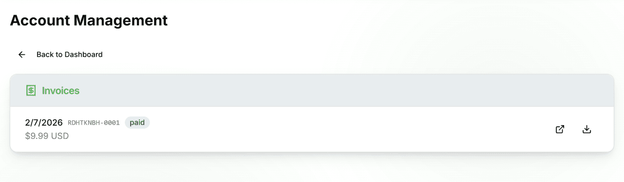 Invoices page listing subscription invoices with date, invoice number, paid status, amount, and open/download buttons