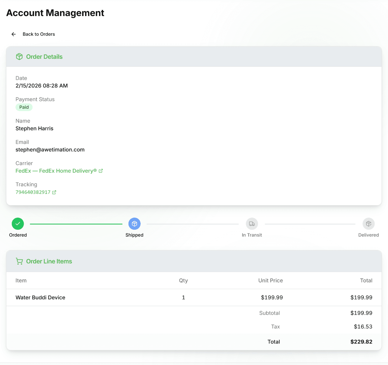 Order detail page showing payment status, carrier, tracking number, shipment progress bar, and line items with totals