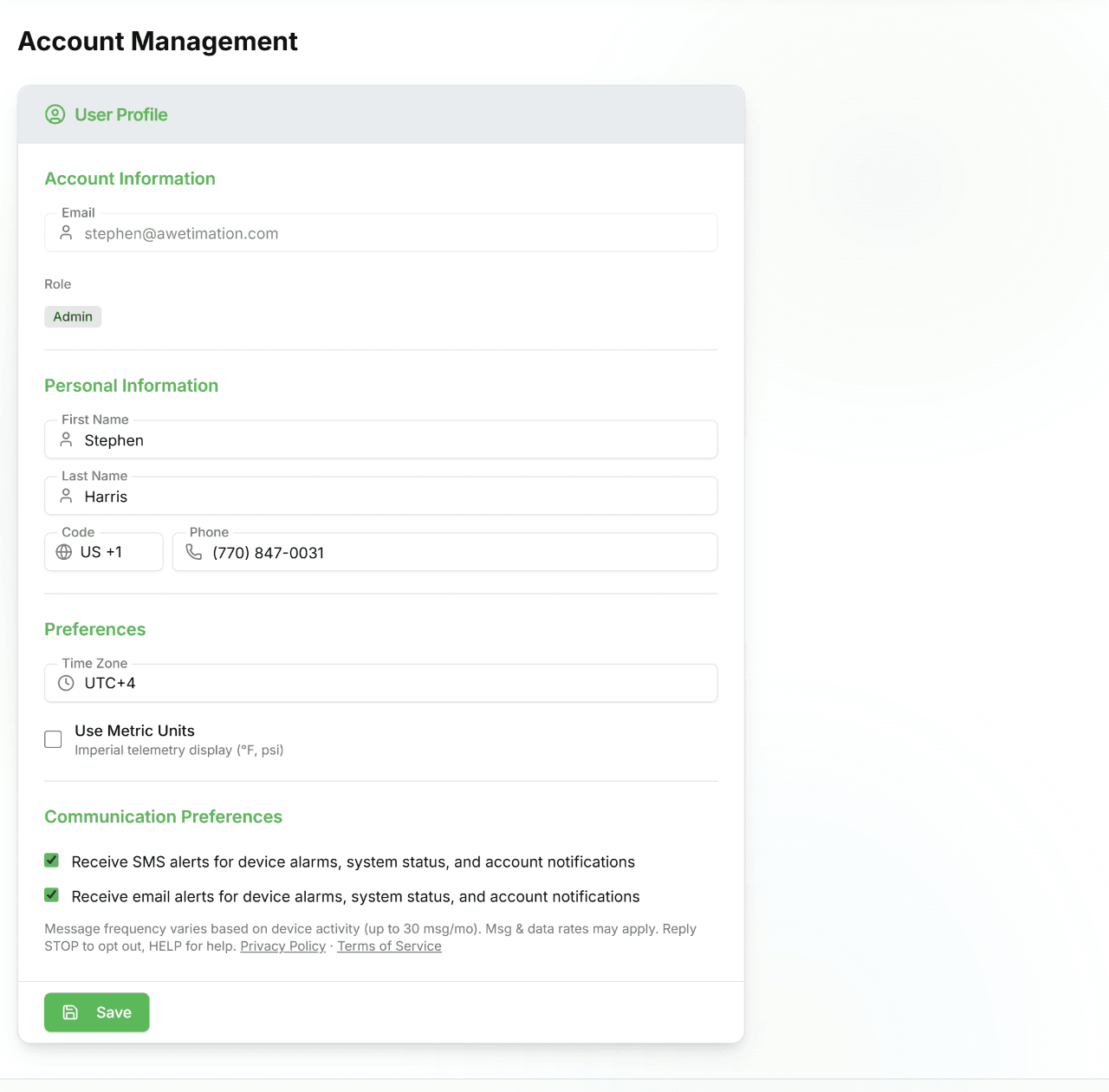 User profile form showing account info, personal details, timezone, units, and notification preferences