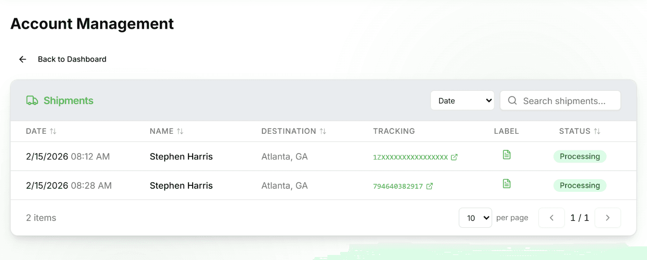 Shipments list showing date, name, destination, tracking number, label icon, and status columns