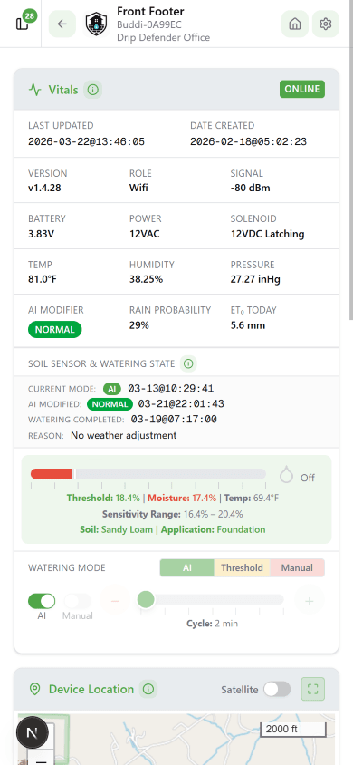 Device vitals screen in AI mode showing NORMAL modifier badge and soil moisture bar