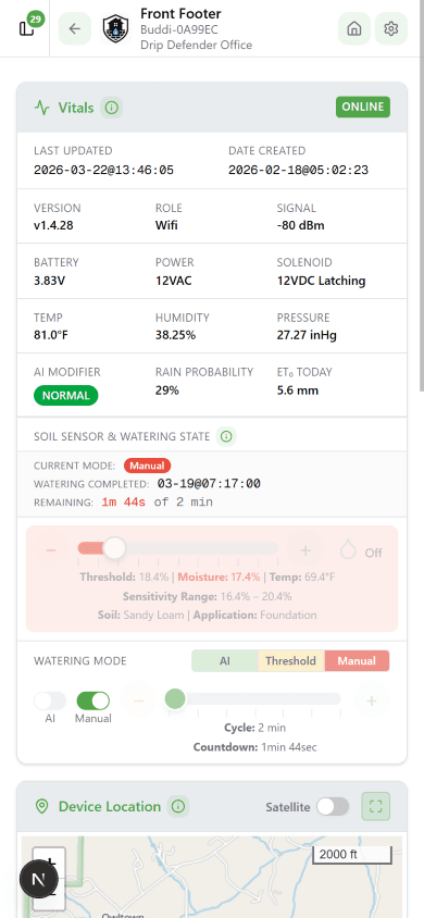 Device vitals screen in Manual mode showing on/off toggle and cycle duration