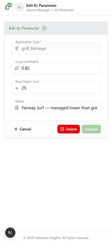 Edit Kc Parameter for golf_fairways showing Kc 0.85, Root Depth 25cm, Notes Fairway turf managed lower than greens