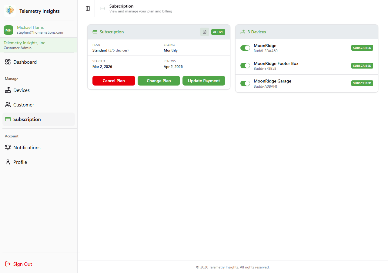 Subscription page on desktop